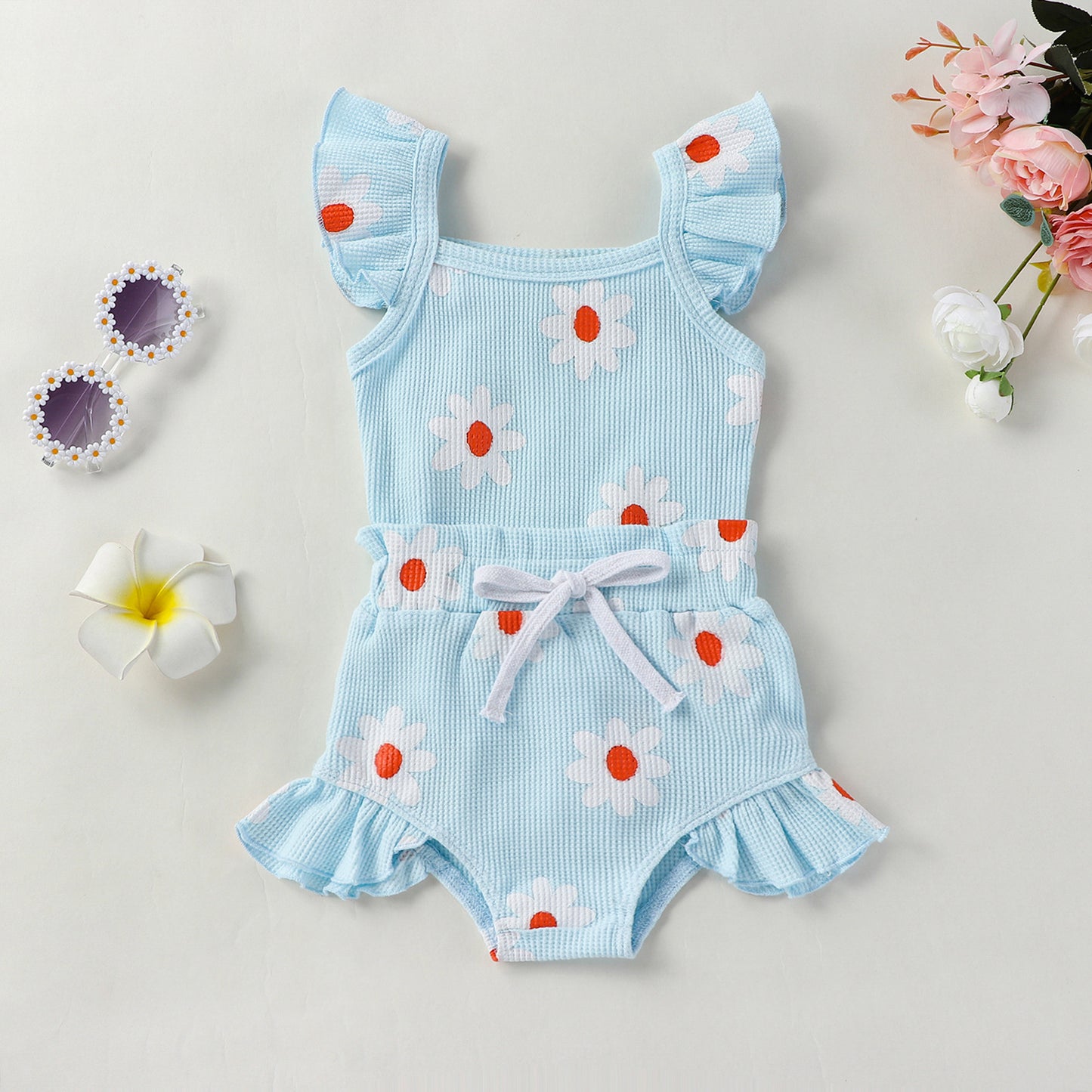 Baby Girl Daisy Print Ruffle Romper & Shorts Set – Cute Summer Outfit