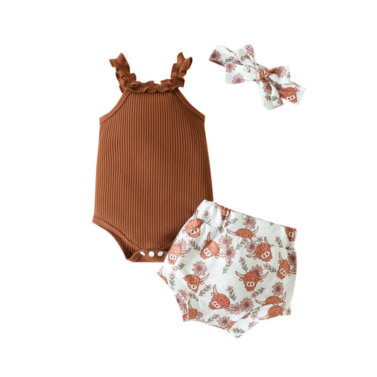 Adorable Baby Girl Outfit Minimalist Brown Ruffle Romper + Shorts + Headband Set