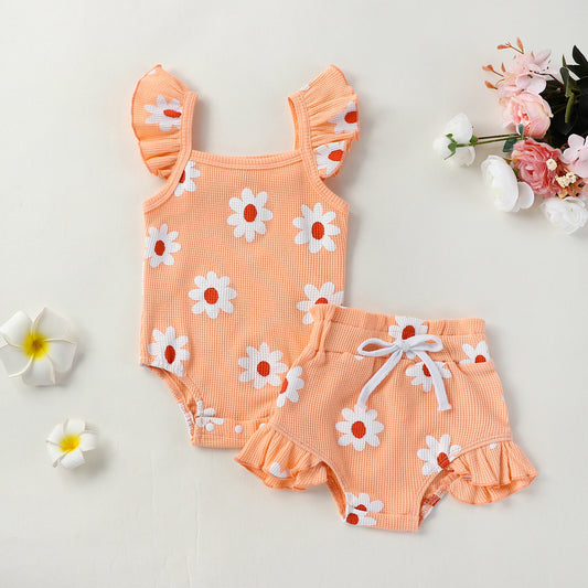 Baby Girl Daisy Print Ruffle Romper & Shorts Set – Cute Summer Outfit