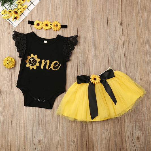 Baby Girl 1st Birthday Outfit - 3-Piece Romper Skirt Set with Letter & Floral Print, Infant Triangle Bodysuit, First Birthday Clothing