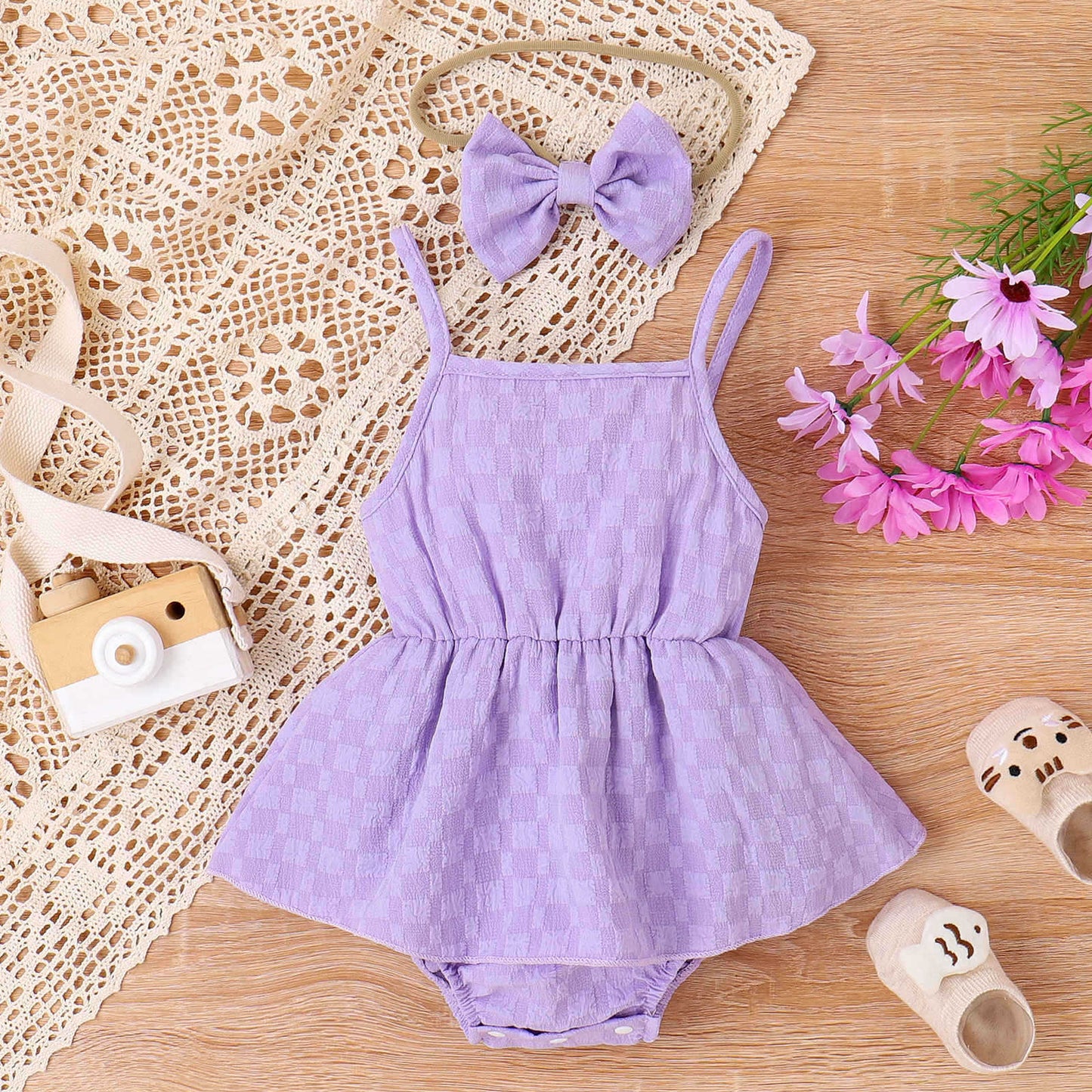Summer Baby Girl Triangle Jumpsuit | Sleeveless Cotton One-Piece Romper with Hairband | European American Style Infant Bodysuit | Soft Breathable Pullover Baby Outfit for Girls | Sizes 70–100cm