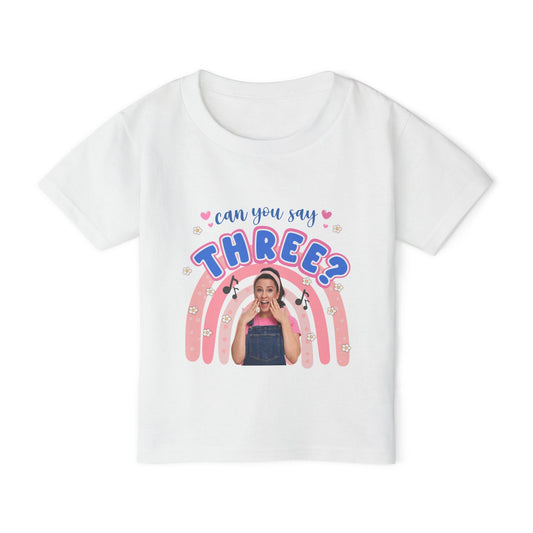 Can You Say THREE Toddler Short Sleeve Tee - Ms. Rachel Birthday Shirt, 3rd Birthday Outfit