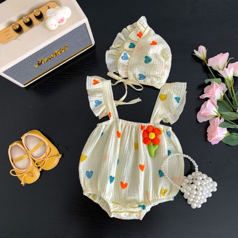 Baby Girl Summer Romper Set Heart Print Sleeveless Jumpsuit with Ruffle Hat | Cute & Comfy Outfit