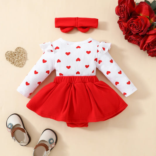 Baby Girl Valentine's Day Outfit - Red Long Sleeve Romper with Big Love Embroidery & Faux Suspenders | Sweet Triangle Jumpsuit with Hair Band | Infant Holiday Clothing