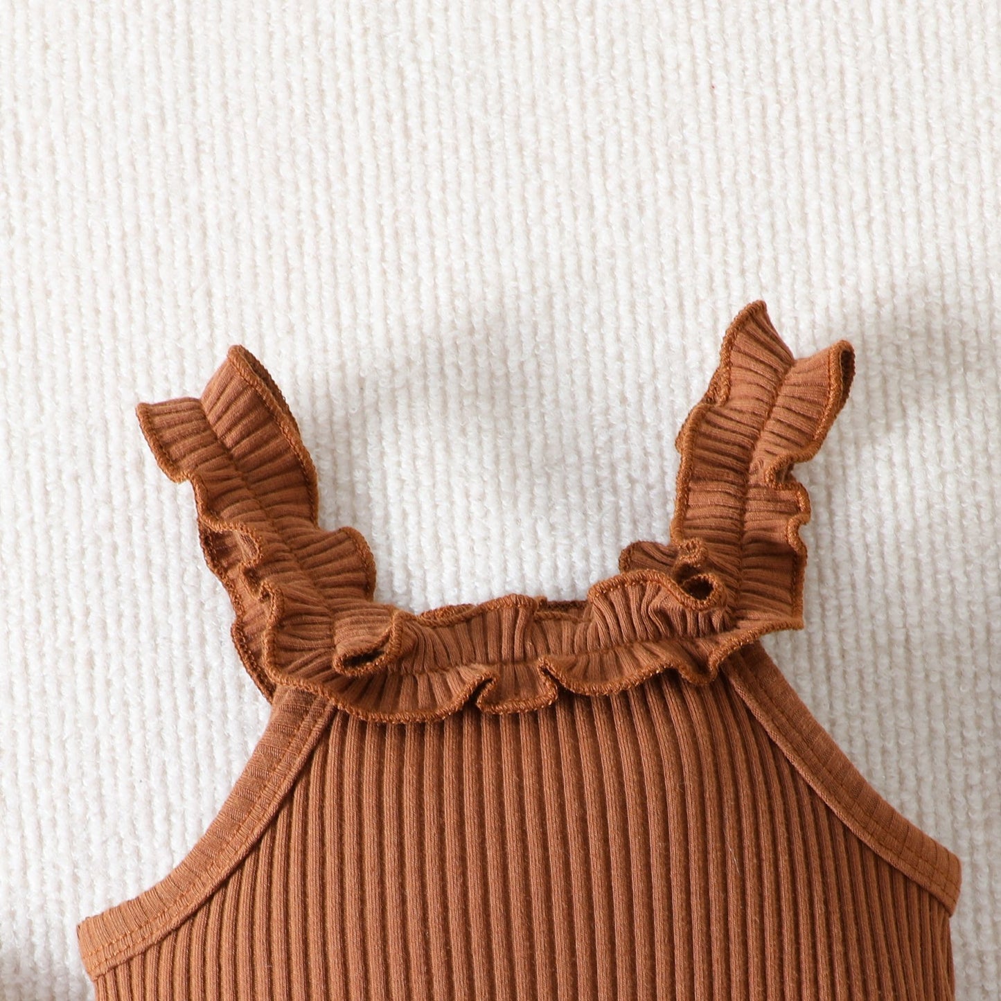 Adorable Baby Girl Outfit Minimalist Brown Ruffle Romper + Shorts + Headband Set