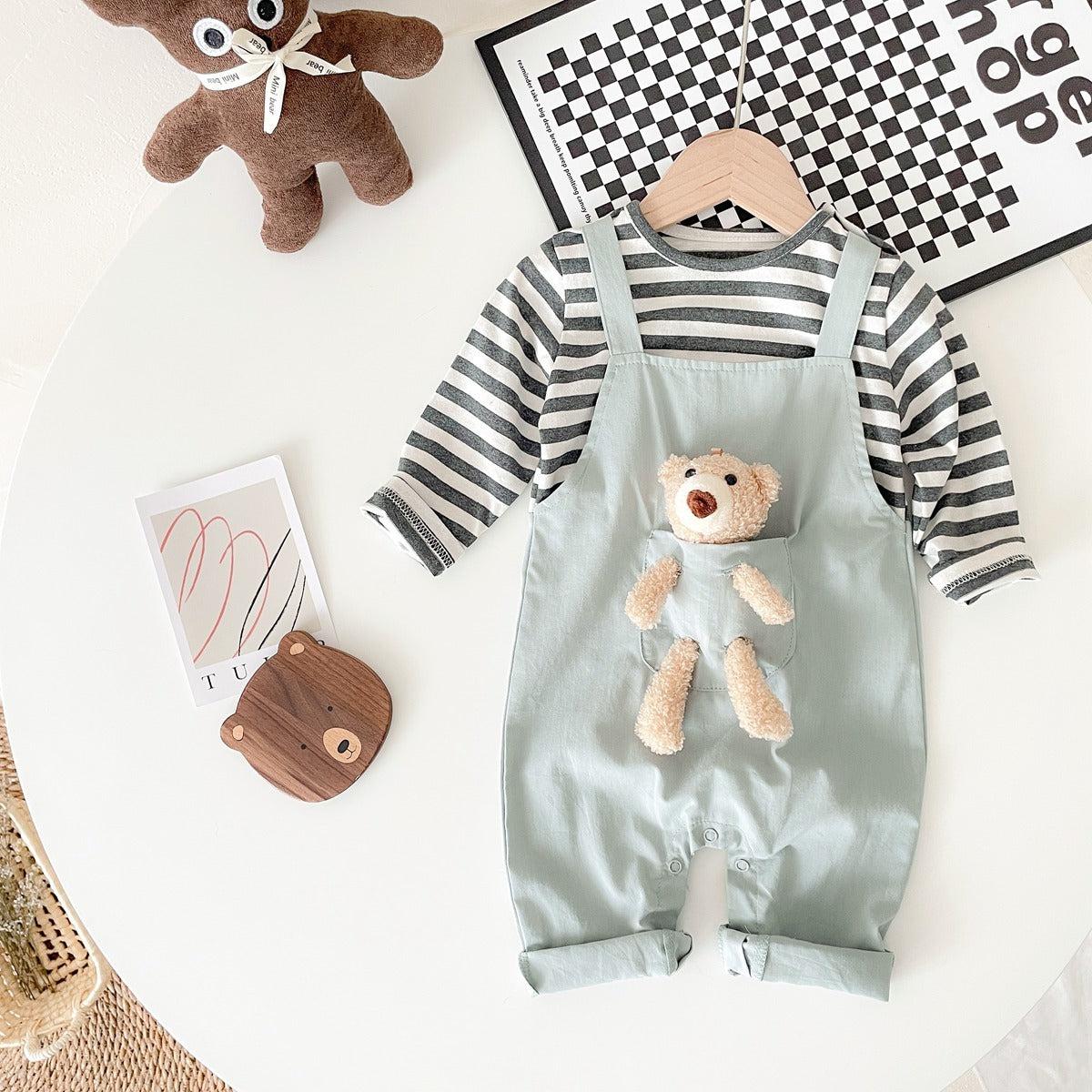 Baby Bear Romper - Faux Two-Piece Bib Overalls Jumpsuit | Striped Korean Style Long Sleeve Cotton Outfit for Boys & Girls | Spring & Autumn Infant Wear