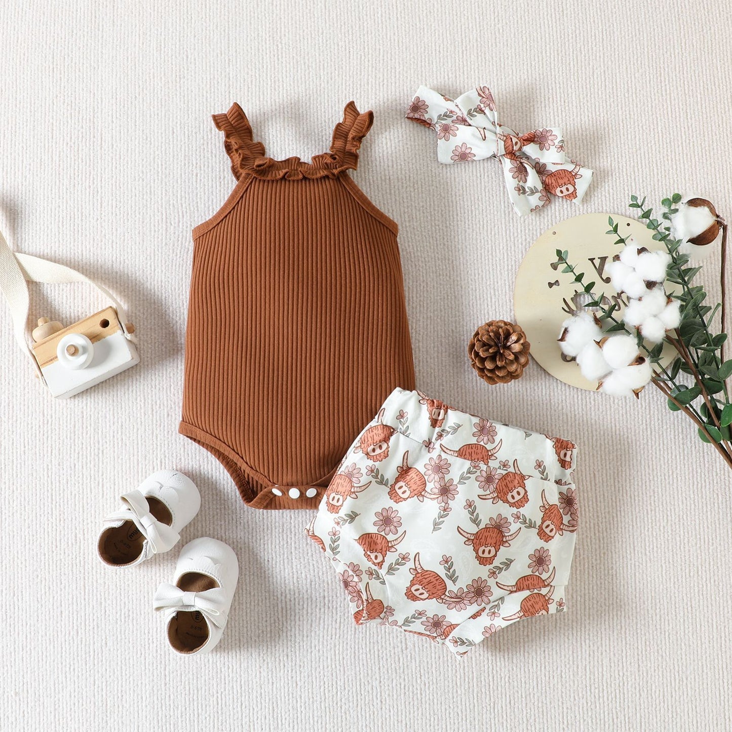 Adorable Baby Girl Outfit Minimalist Brown Ruffle Romper + Shorts + Headband Set