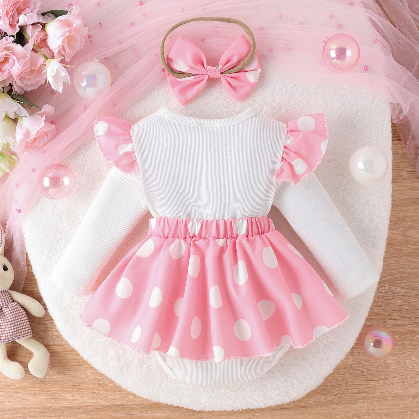 Baby Girl Bunny Romper Set – Long Sleeve Rabbit Jumpsuit with Headband, Cute Newborn Outfit, Infant Cotton Winter Fall Clothes