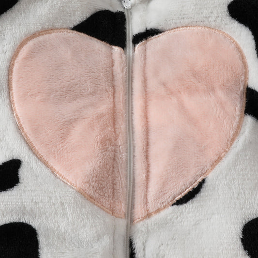 Baby Girl Fur Hooded Romper – Cow Print Zipper Jumpsuit with Embroidered Love Patch | Long Sleeve Winter Crawling Suit