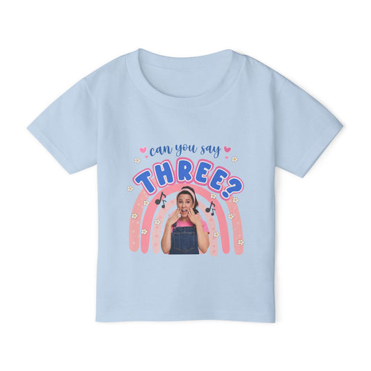 Can You Say THREE Toddler Short Sleeve Tee - Ms. Rachel Birthday Shirt, 3rd Birthday Outfit