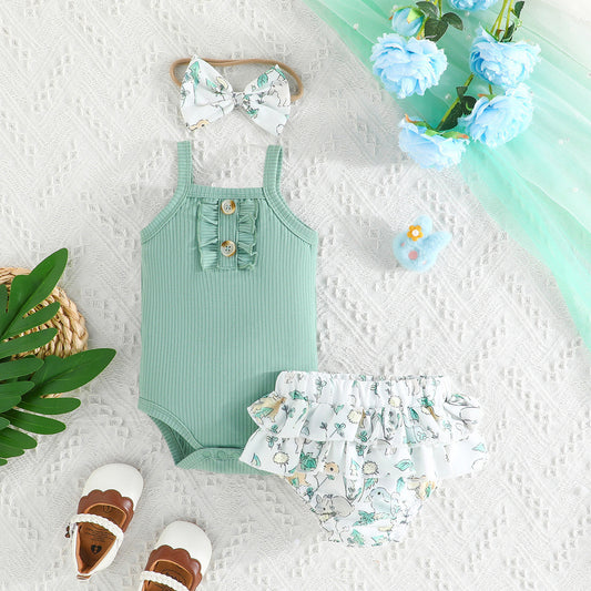 Baby Girl Summer Outfit – Teal Ruffle Romper, Shorts & Headband Set | Soft & Comfy