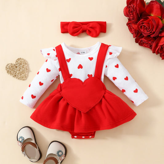 Baby Girl Valentine's Day Outfit - Red Long Sleeve Romper with Big Love Embroidery & Faux Suspenders | Sweet Triangle Jumpsuit with Hair Band | Infant Holiday Clothing