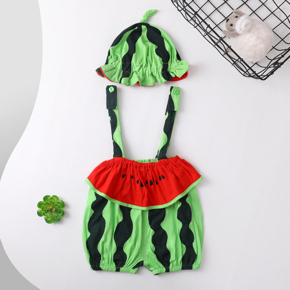 Summer Baby Girl Sling Romper Set | Cute Tiger & Fruit Print Triangle One-Piece Bodysuit + Matching Hat | Soft Cotton Sleeveless Infant Outfit | Casual Toddler Clothes | Sizes 66–120cm