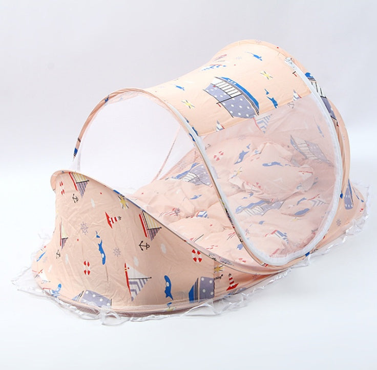 Foldable Baby Mosquito Net Bed with Mattress & Pillow – Portable Infant Travel Crib Tent, Breathable Insect Protection Baby Bed