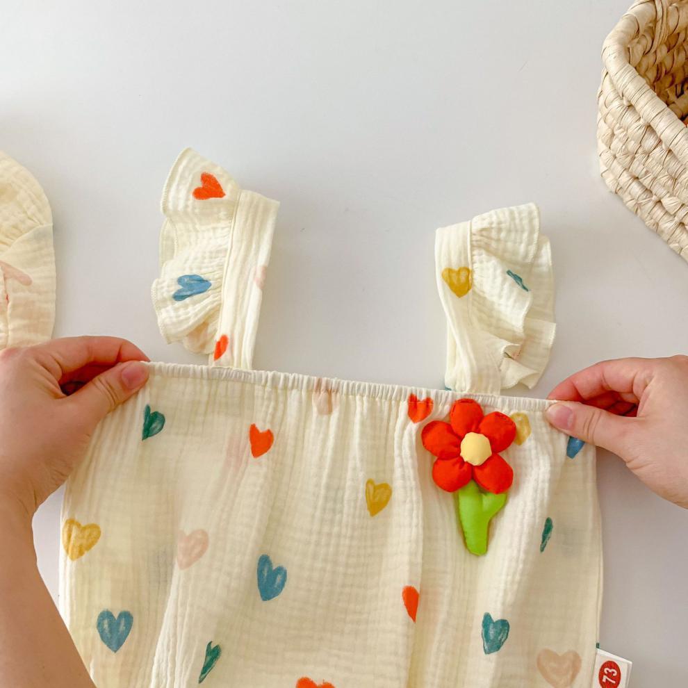 Baby Girl Summer Romper Set Heart Print Sleeveless Jumpsuit with Ruffle Hat | Cute & Comfy Outfit