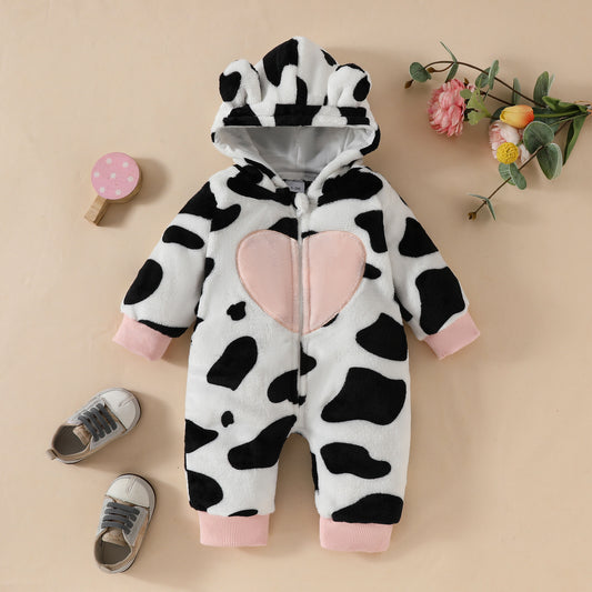 Baby Girl Fur Hooded Romper – Cow Print Zipper Jumpsuit with Embroidered Love Patch | Long Sleeve Winter Crawling Suit