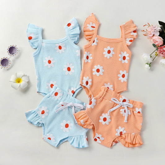 Baby Girl Daisy Print Ruffle Romper & Shorts Set – Cute Summer Outfit