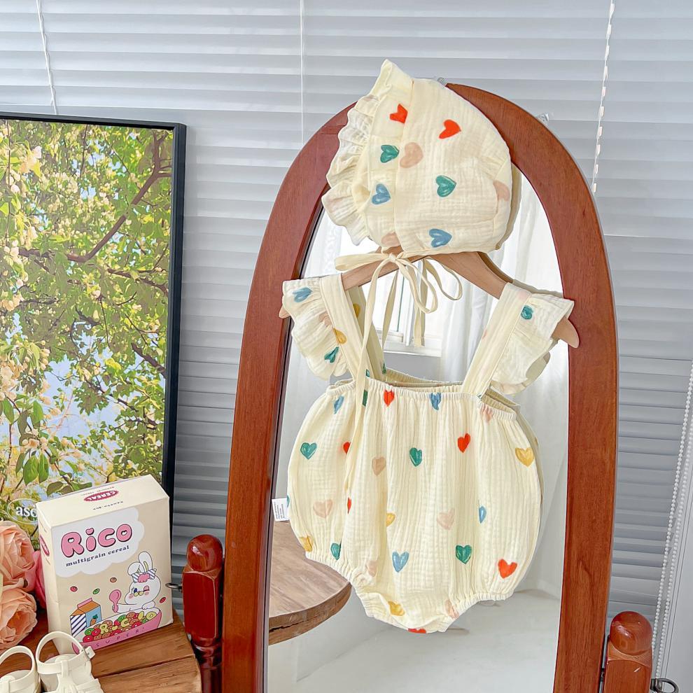 Baby Girl Summer Romper Set Heart Print Sleeveless Jumpsuit with Ruffle Hat | Cute & Comfy Outfit