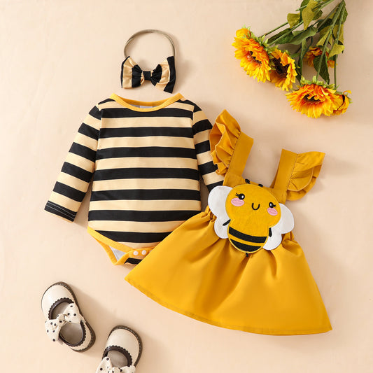 Baby Girl Bee-Inspired Romper Set | Yellow Striped Long Sleeve Romper + Skirt | Cute Three-Piece Outfit