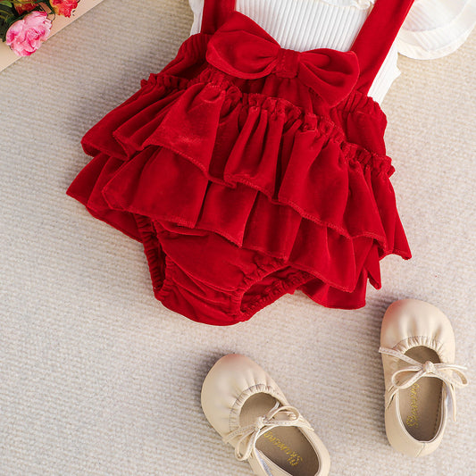 Baby Girl Flounced Sleeve Romper Set - 3-Piece Outfit | Sweet Solid Color Summer Skirt Suit with Headscarf | Infant Toddler Clothing Set