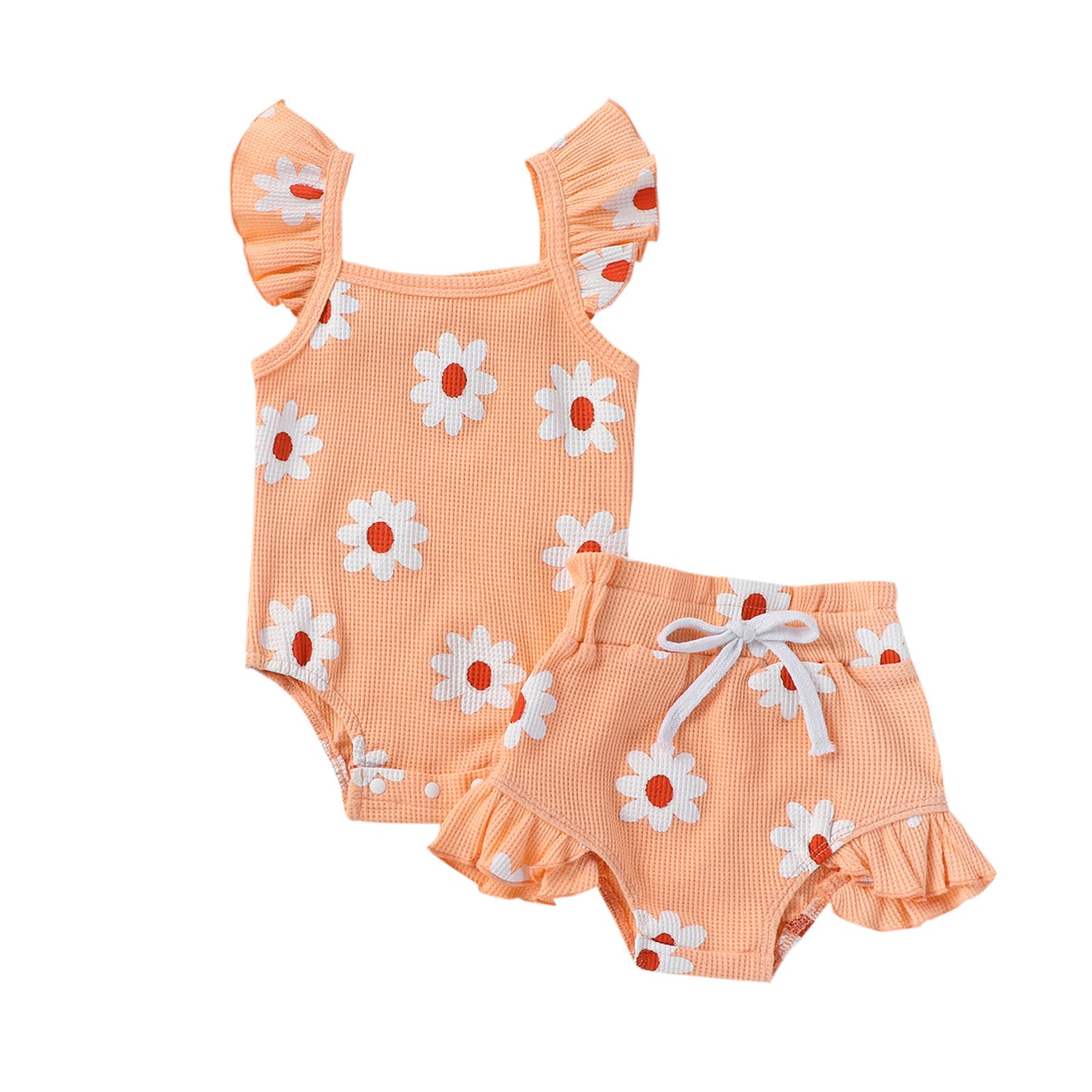 Baby Girl Daisy Print Ruffle Romper & Shorts Set – Cute Summer Outfit