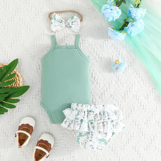 Baby Girl Summer Outfit – Teal Ruffle Romper, Shorts & Headband Set | Soft & Comfy
