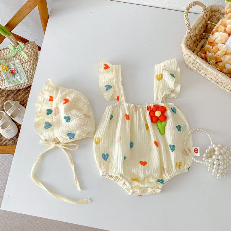 Baby Girl Summer Romper Set Heart Print Sleeveless Jumpsuit with Ruffle Hat | Cute & Comfy Outfit