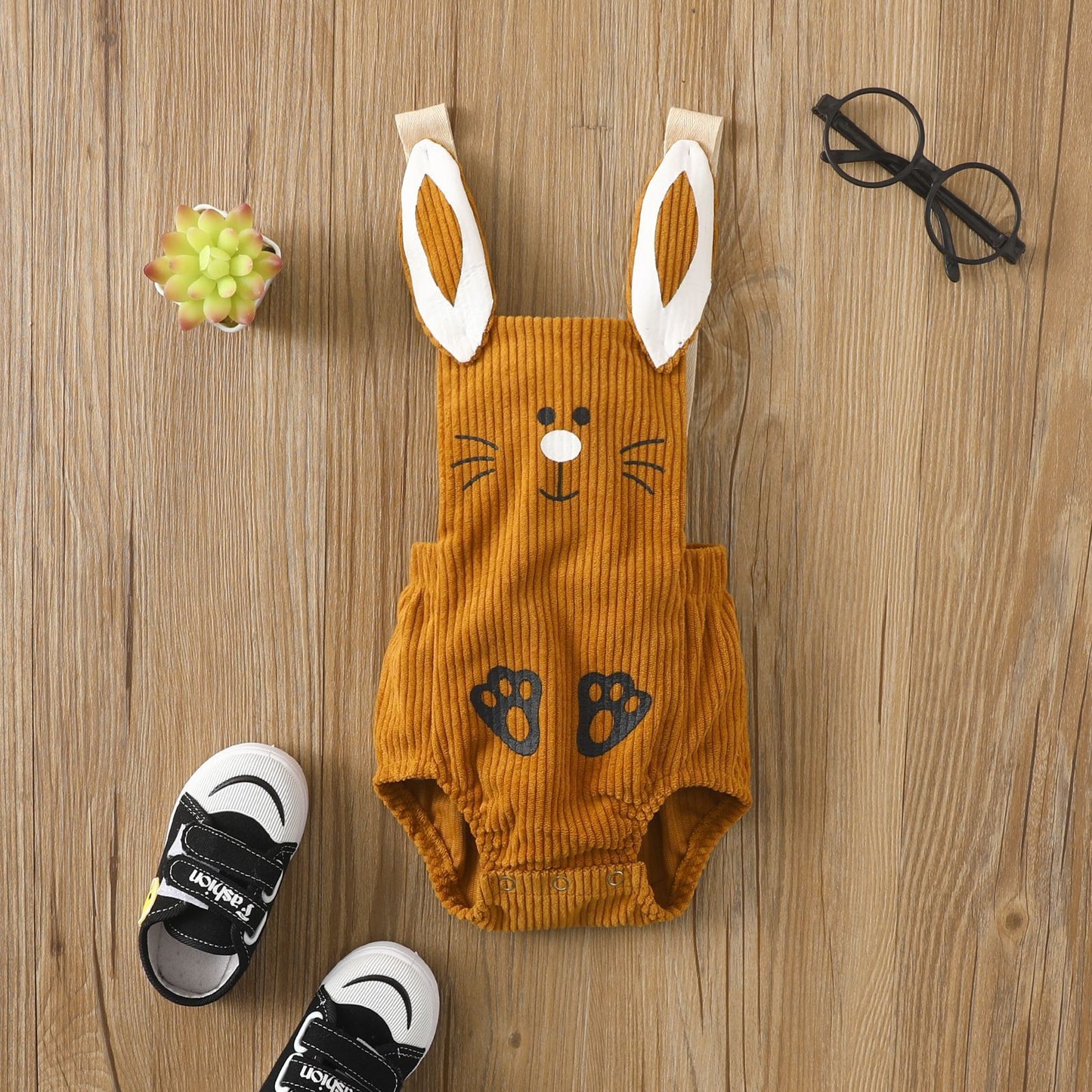 Corduroy Bunny Baby Romper | Unisex Sleeveless Rabbit Strap Triangle Bodysuit | Cute European American Style Infant Outfit for Boys & Girls | Soft Breathable Baby Clothes | Sizes 70–100cm