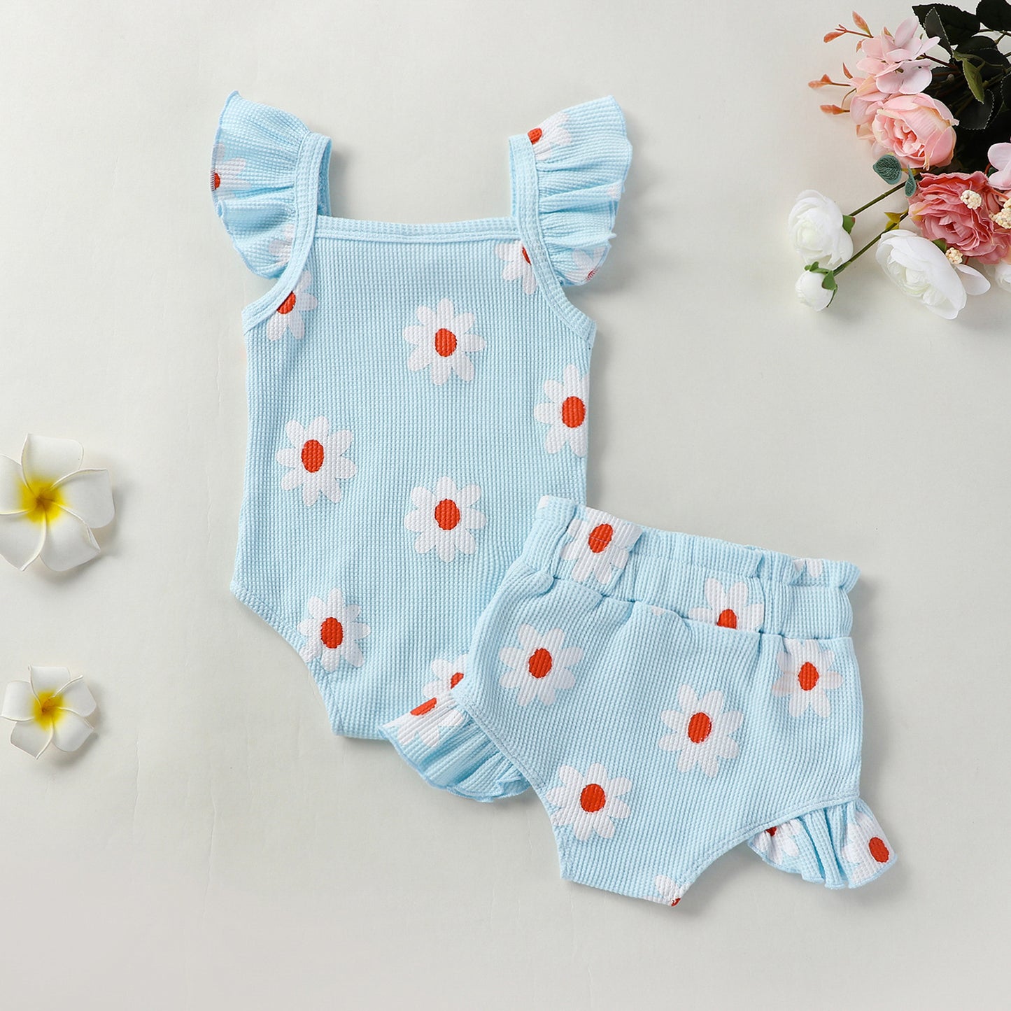 Baby Girl Daisy Print Ruffle Romper & Shorts Set – Cute Summer Outfit