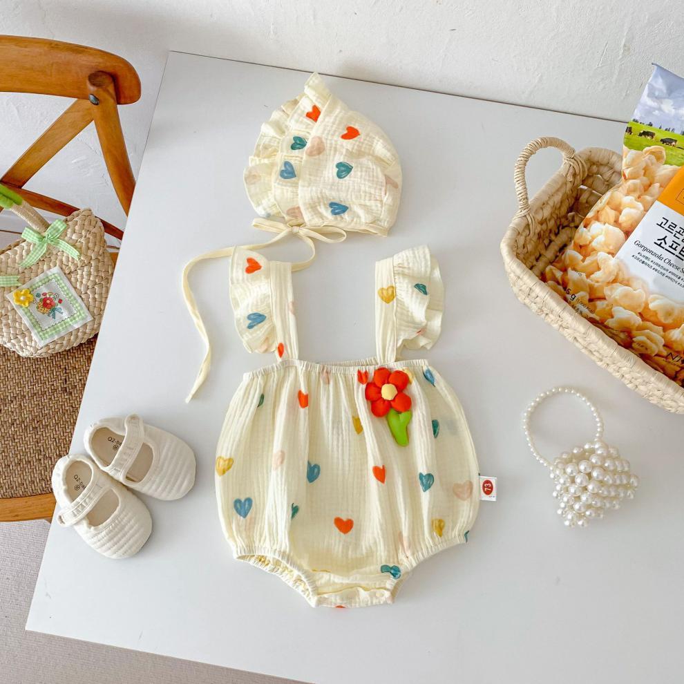 Baby Girl Summer Romper Set Heart Print Sleeveless Jumpsuit with Ruffle Hat | Cute & Comfy Outfit