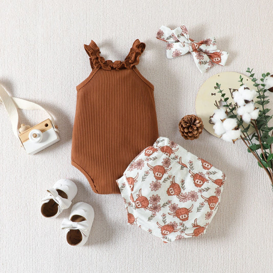 Adorable Baby Girl Outfit Minimalist Brown Ruffle Romper + Shorts + Headband Set