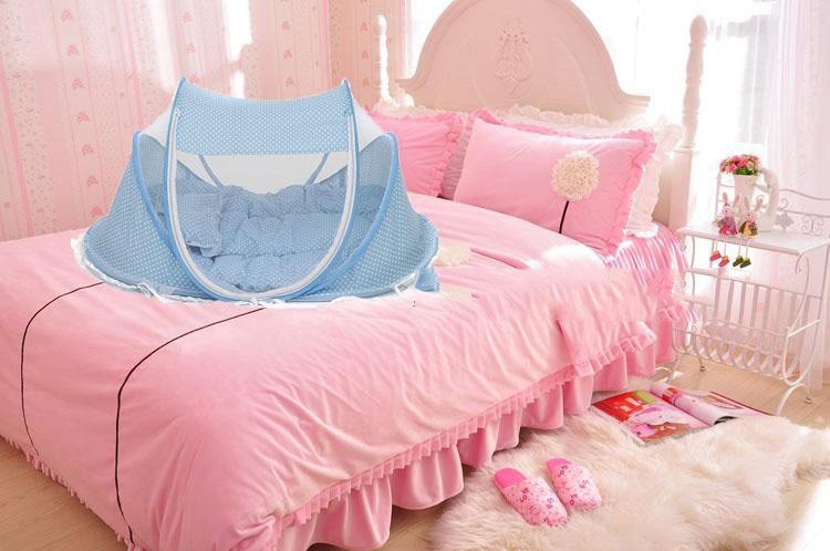 Foldable Baby Mosquito Net Bed with Mattress & Pillow – Portable Infant Travel Crib Tent, Breathable Insect Protection Baby Bed