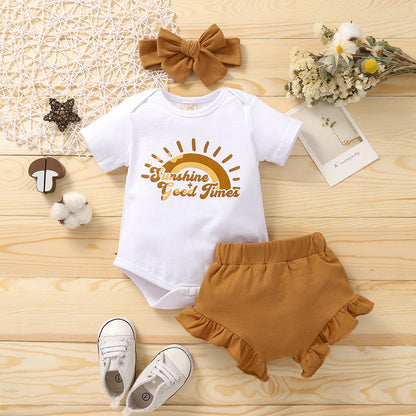 Sunshine + Good Times Baby Outfit – 3-Piece Romper, Shorts & Headscarf Set