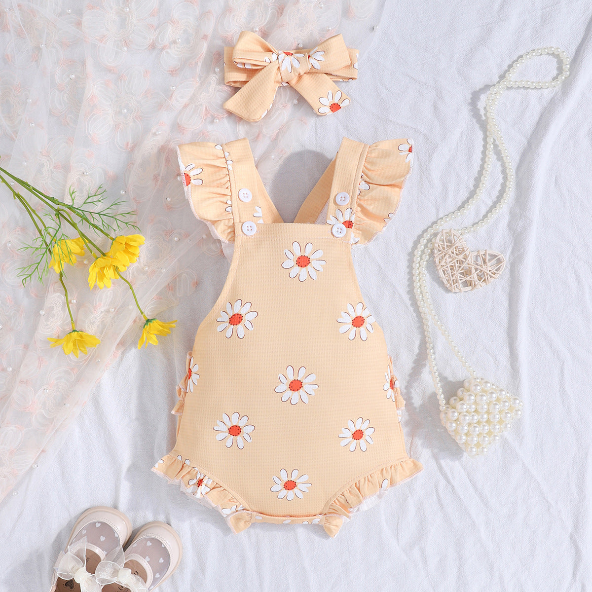 Baby Girl Ruffle Floral Romper with Headband – Soft & Breathable Summer Outfit