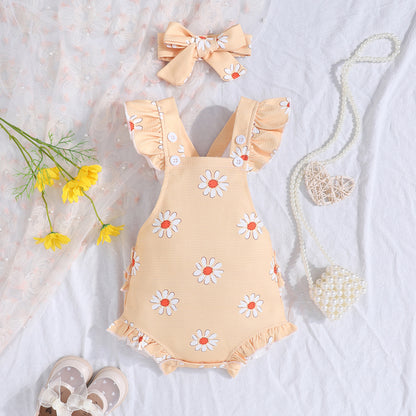 Baby Girl Ruffle Floral Romper with Headband – Soft & Breathable Summer Outfit