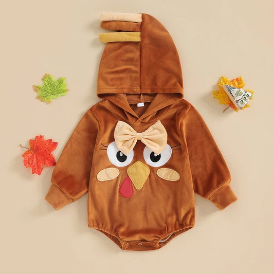 Thanksgiving Baby Romper | Cute Chicken Hooded Jumpsuit | Unisex Long Sleeve Infant Bodysuit | Soft Cotton Baby Outfit for Boys & Girls | Festive Holiday Photoshoot Clothes | Sizes 60–90cm