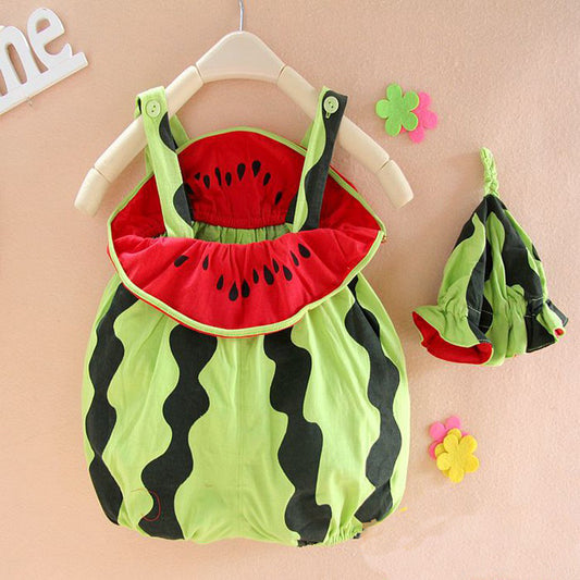 Summer Baby Cartoon Romper Set | Sleeveless Watermelon & Persimmon Print One-Piece Jumpsuit with Matching Hat | Soft Cotton Infant Bodysuit for Boys & Girls | Cute Photoshoot Outfit | Sizes 59–90cm
