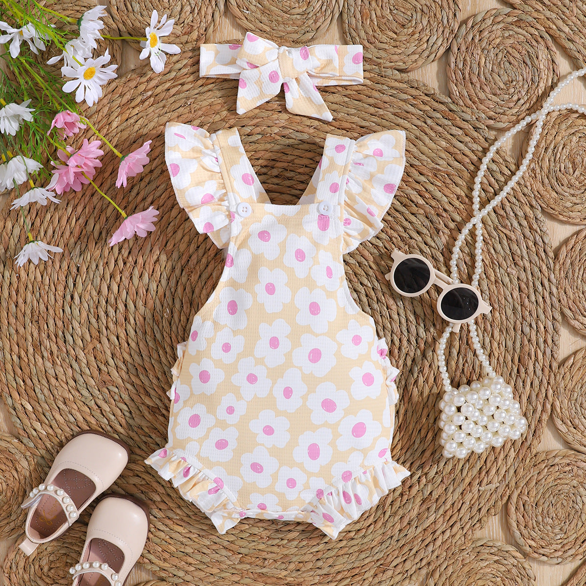 infant girl summer clothes Baby Girl Ruffle Floral Romper with Headband – Soft & Breathable Summer Outfit Gold / 0to3M