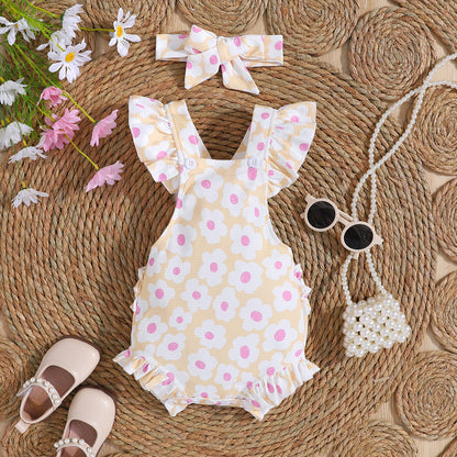 Baby Girl Ruffle Floral Romper with Headband – Soft & Breathable Summer Outfit