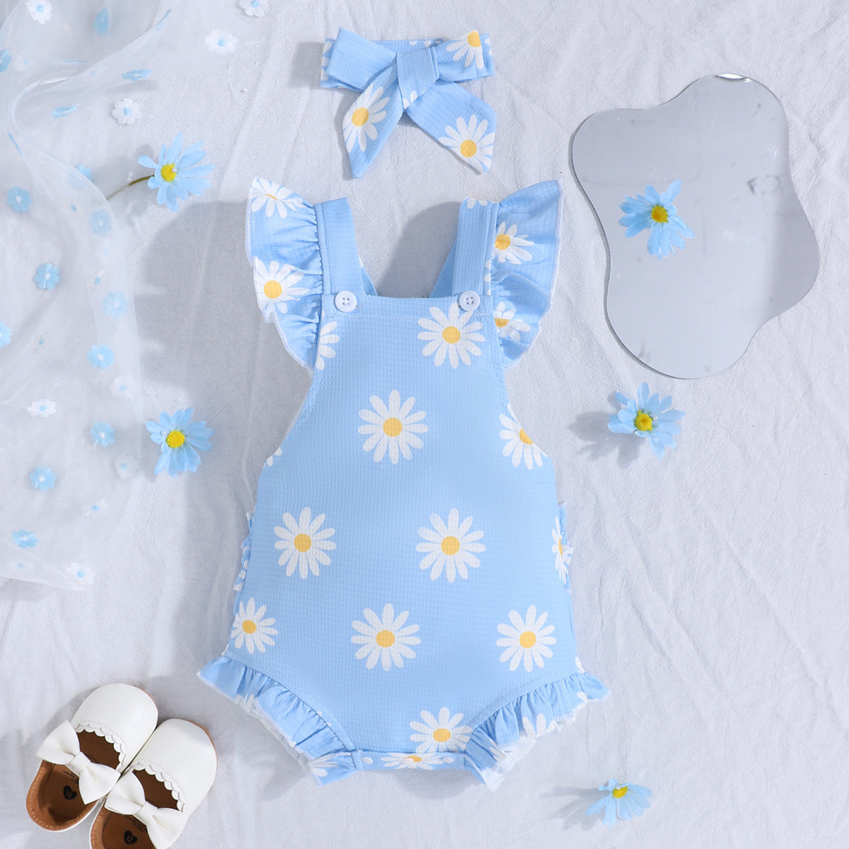 infant summer rompers Baby Girl Ruffle Floral Romper with Headband – Soft & Breathable Summer Outfit Blue / 6to12M