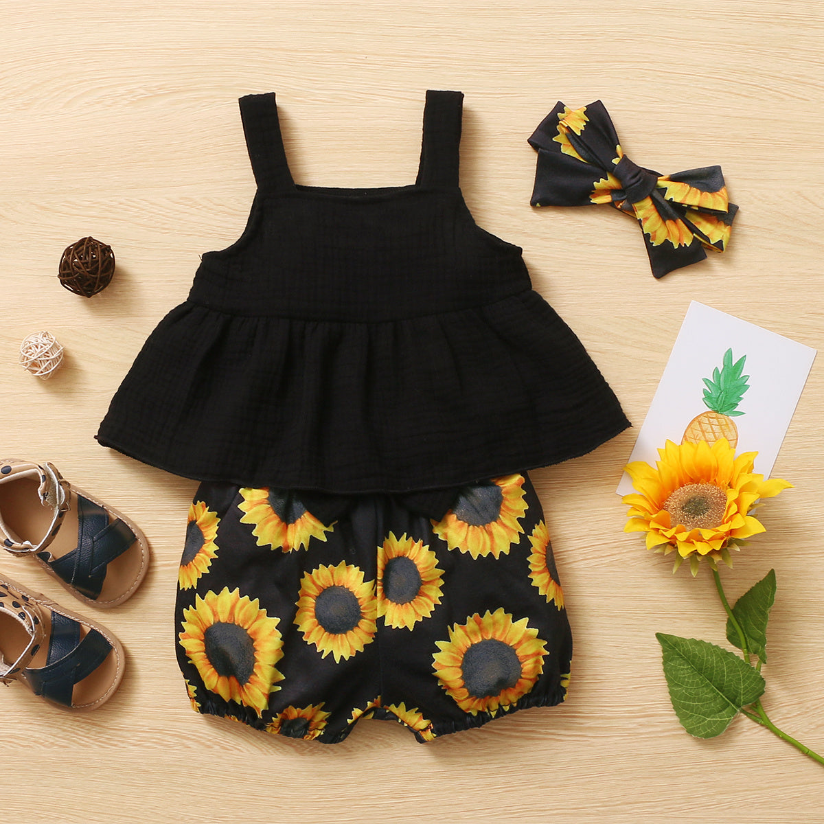 infant girl summer clothes Newborn Baby Girls Summer Clothes Cute Sunflower Two Piece Set, Baby Clothes Black / 12M