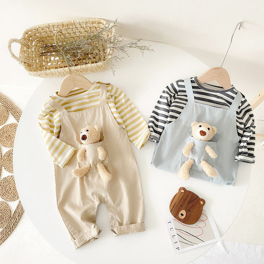 Men's And Women's Baby Bib Pants Fake Two-piece Bear Romper Striped Korean Style Spring And Autumn Baby Jumpsuit