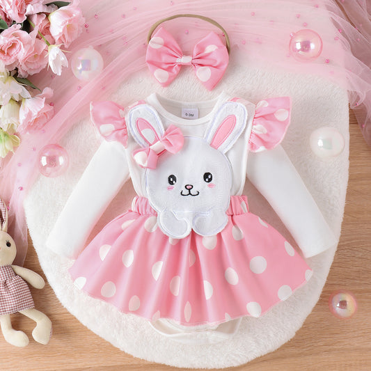 Baby Girl Bunny Romper Set – Long Sleeve Rabbit Jumpsuit with Headband, Cute Newborn Outfit, Infant Cotton Winter Fall Clothes