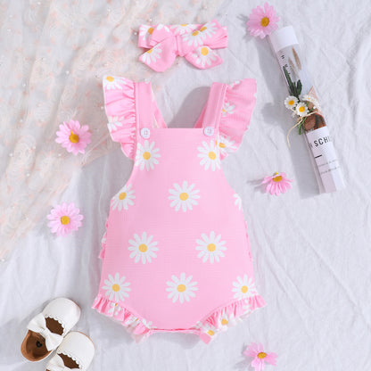 Baby Girl Ruffle Floral Romper with Headband – Soft & Breathable Summer Outfit