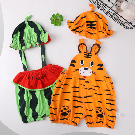 Summer Baby Girl Sling Romper Set | Cute Tiger & Fruit Print Triangle One-Piece Bodysuit + Matching Hat | Soft Cotton Sleeveless Infant Outfit | Casual Toddler Clothes | Sizes 66–120cm