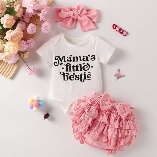 Mama's Little Bestie Summer Baby Girl Letter Print Romper Short Sleeve Romper Short Skirt