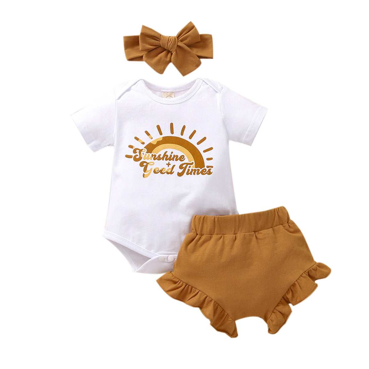 Sunshine + Good Times Baby Outfit – 3-Piece Romper, Shorts & Headscarf Set