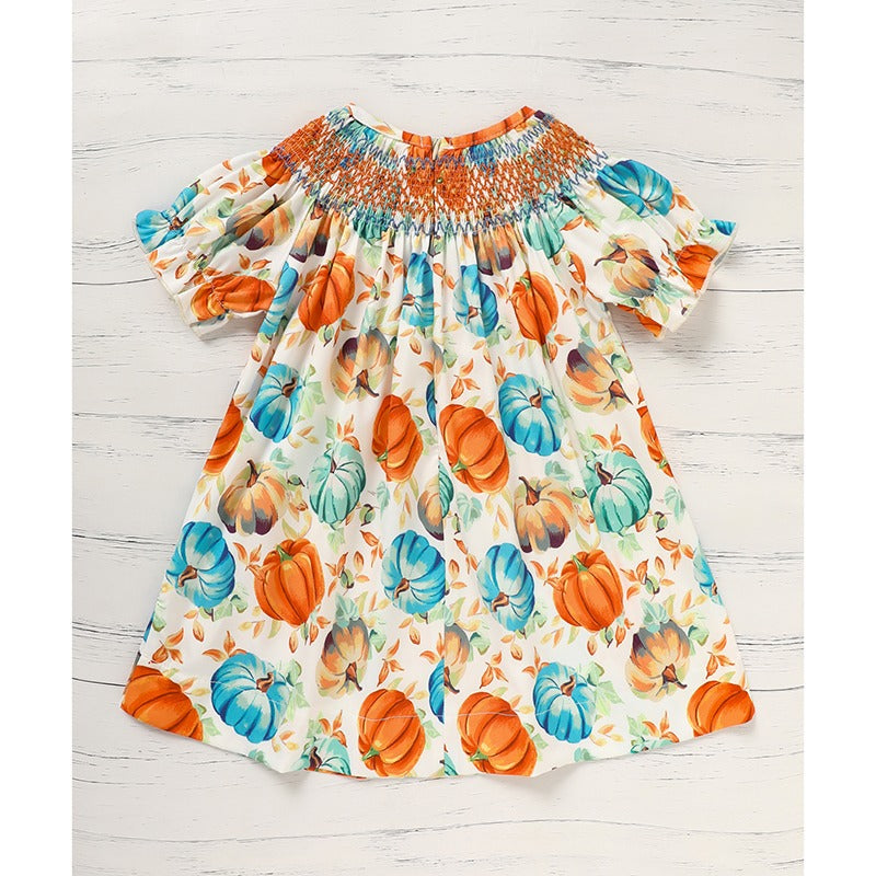 Toddler Baby Girl Pumpkin Dress – Smocked Fall Outfit for Halloween & Thanksgiving, Long Sleeve Autumn Party Dress (6M–4T)