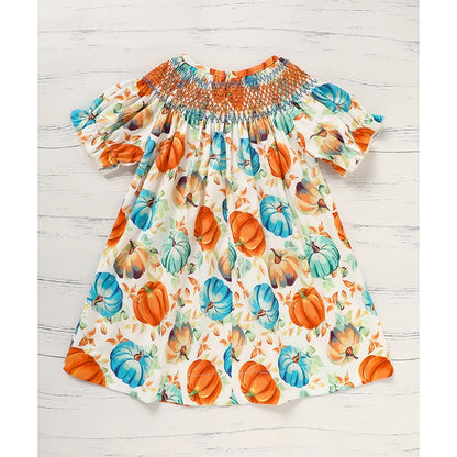 Toddler Baby Girl Pumpkin Dress – Smocked Fall Outfit for Halloween & Thanksgiving, Long Sleeve Autumn Party Dress (6M–4T)