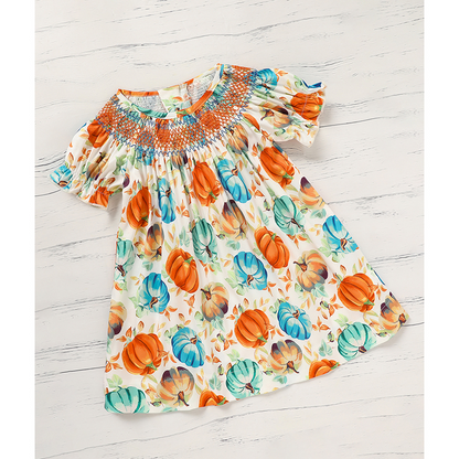 Toddler Baby Girl Pumpkin Dress – Smocked Fall Outfit for Halloween & Thanksgiving, Long Sleeve Autumn Party Dress (6M–4T)